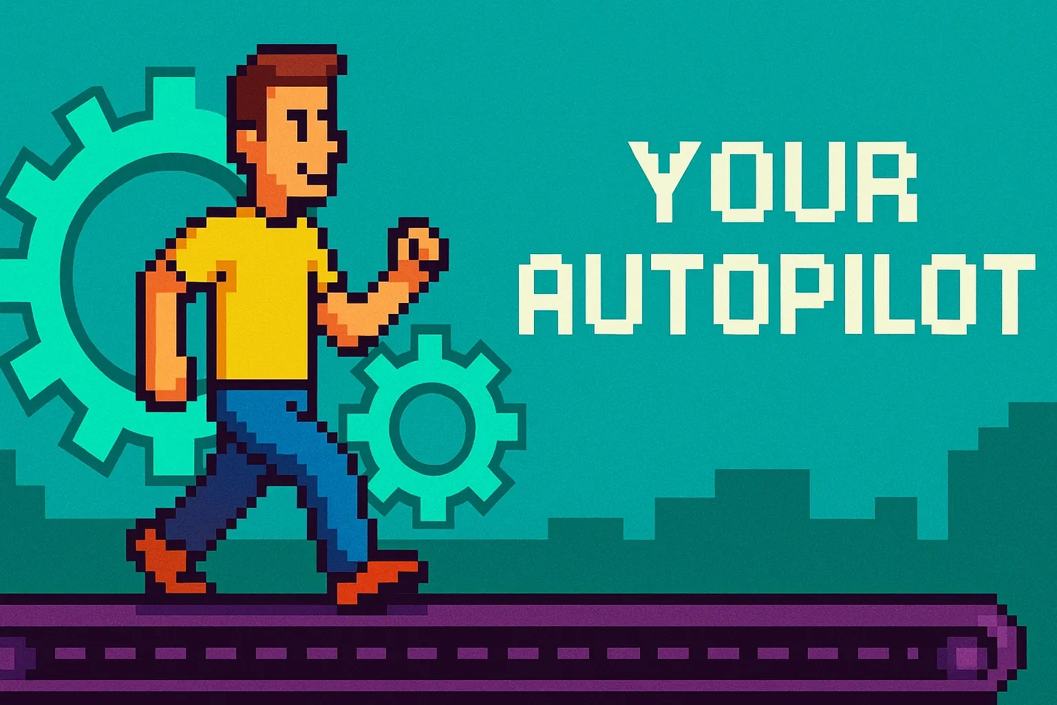 Pixel-art man walking on a conveyor belt past turning gears, captioned “Your autopilot”